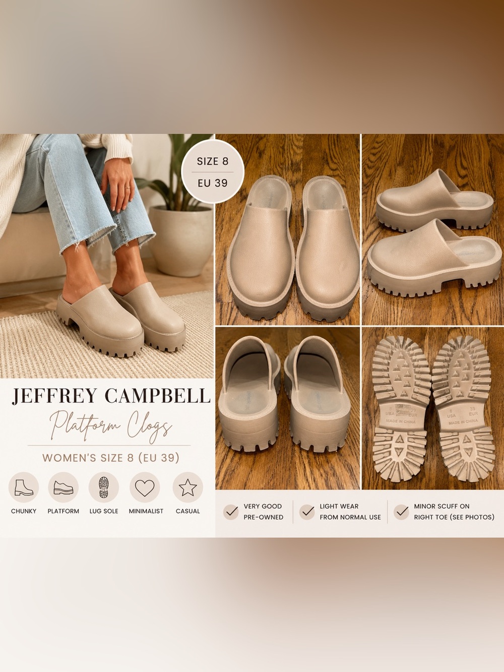 Jeffrey Campbell Beige Platform Lug Sole Clogs Mules Women’s Size 8 EU 39